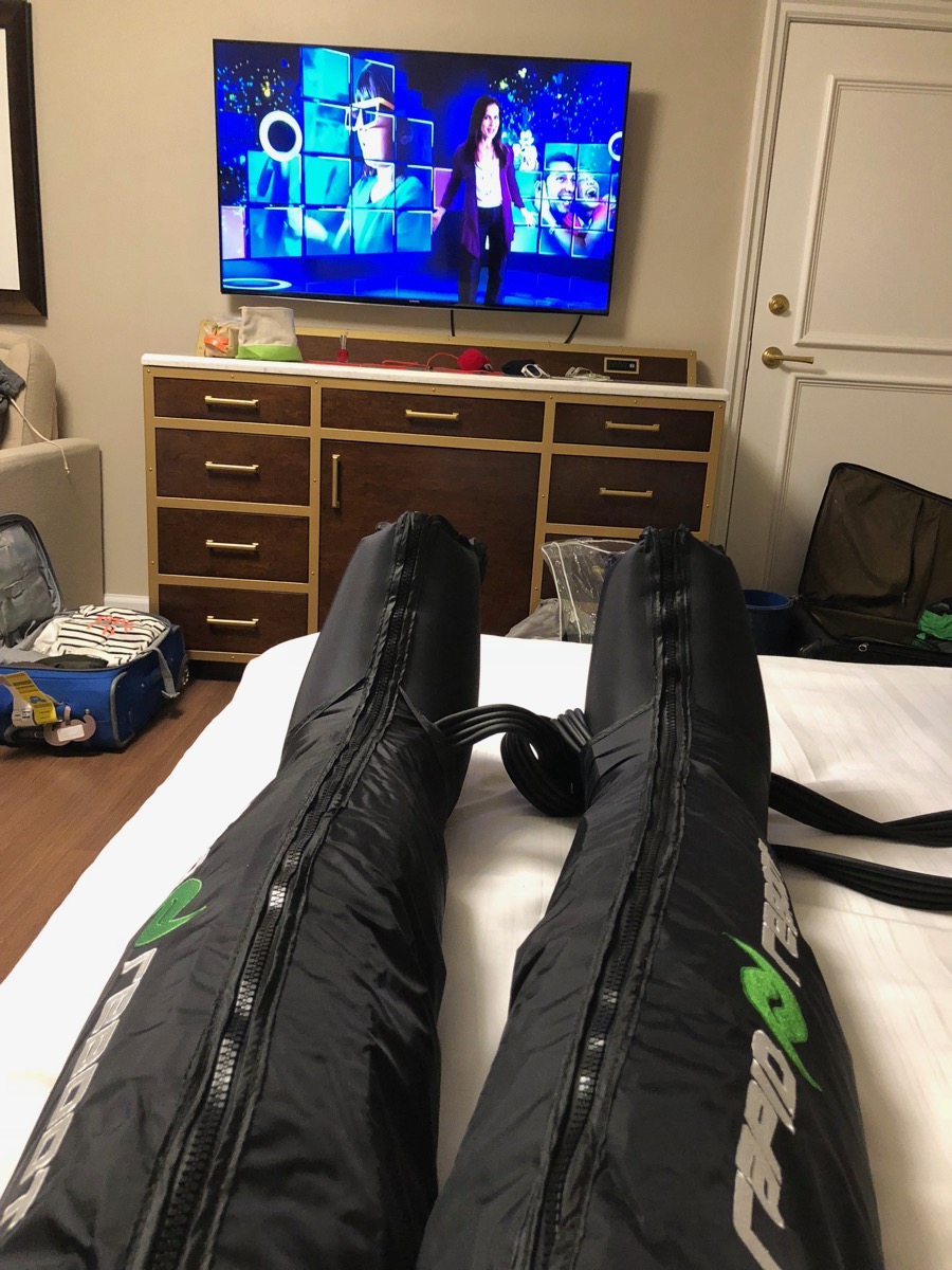 Amelia using Rapid Reboot recovery sleeves in the hotel