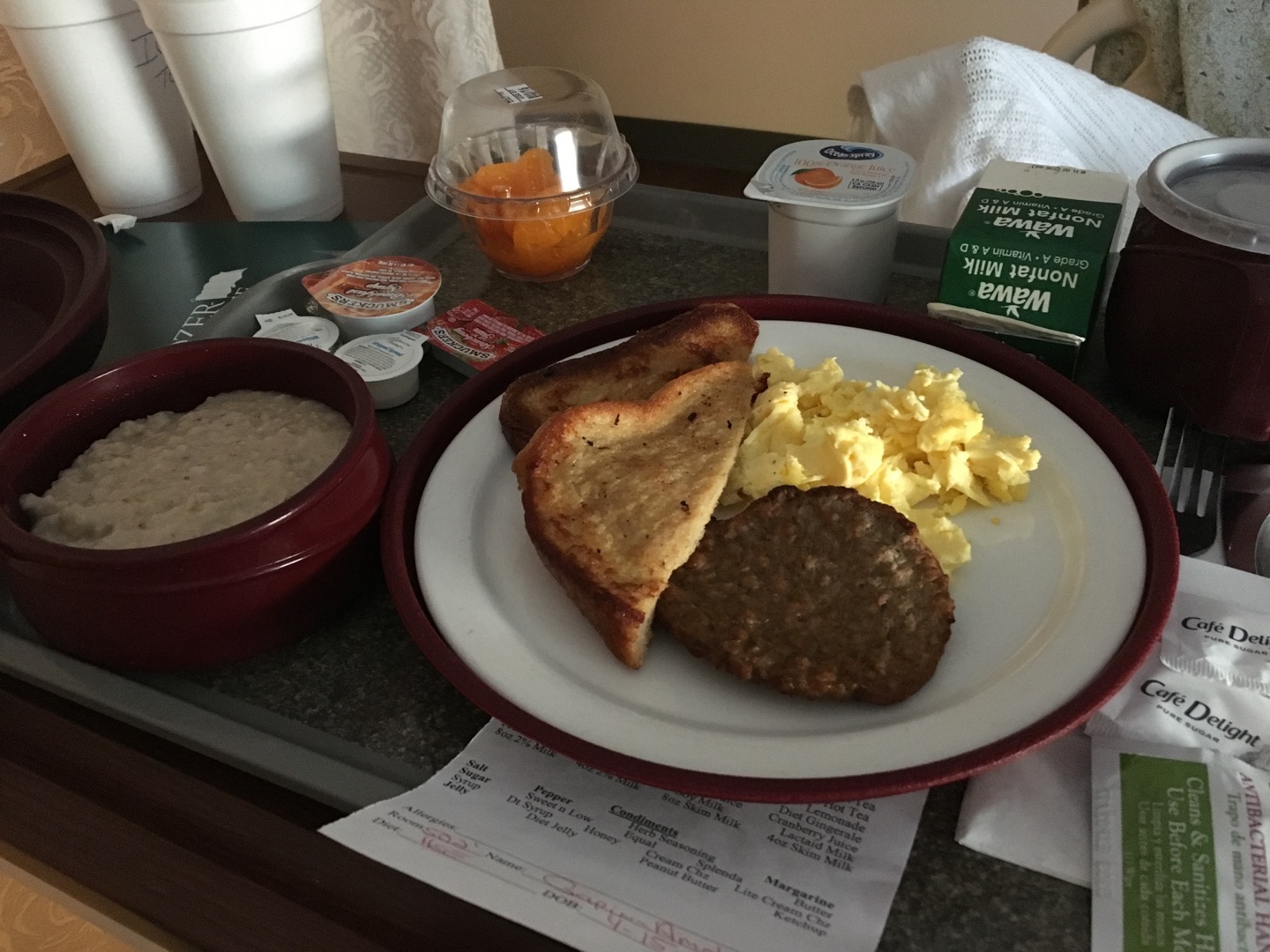 French toast, scrambled eggs, sausage, and oatmeal!