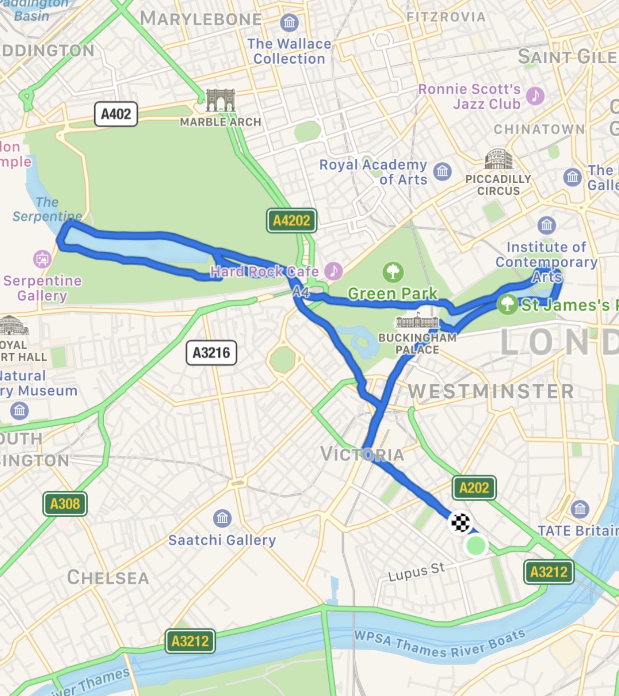 Running route in St James Park and Hyde Park.